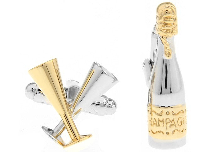 A Chrome and Gold Champagne Bottle and Champagne Cups Shaped Cuff links.