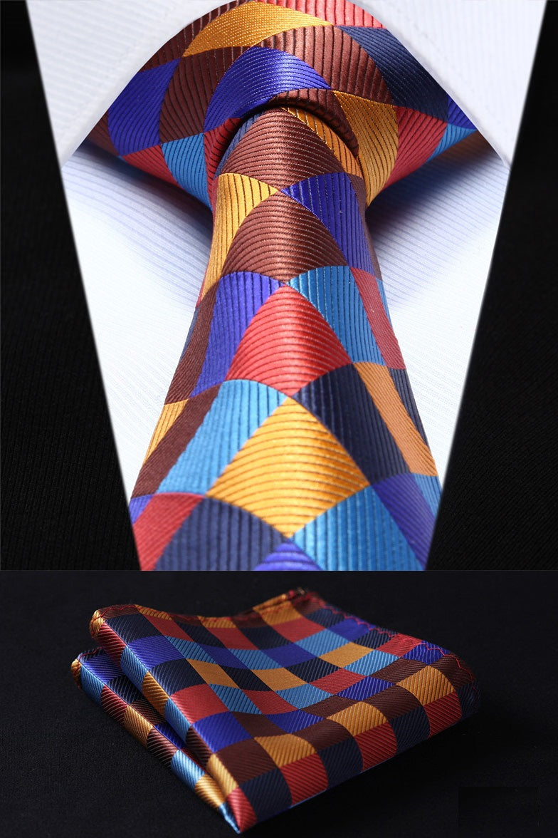 A Red, Blue, Yellow, Light Blue Checker Pattern Silk Necktie, Matching Pocket Square and Cuff-links.