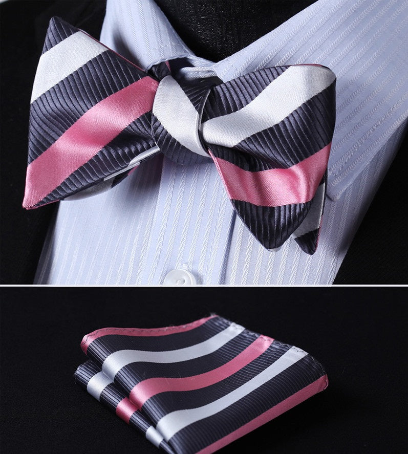 A Pink, Grey, White Stripe Pattern Silk Self Tie Bow Tie, Matching Pocket Square and Cuff-links.||Grey, Pink, White