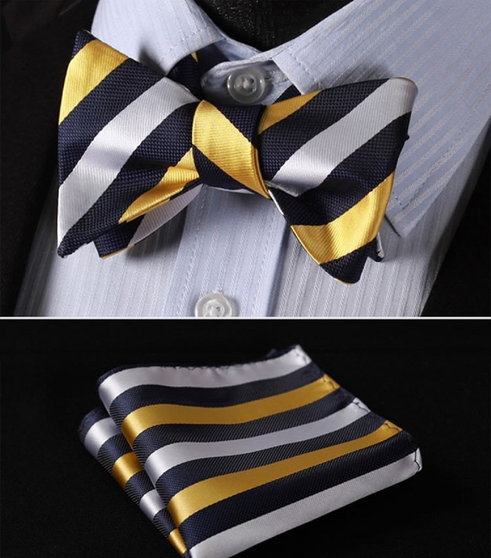 A Yellow, Blue, White Stripe Pattern Silk Self Tie Bow Tie, Matching Pocket Square and Cuff-links.||Dark Blue, Yellow, White