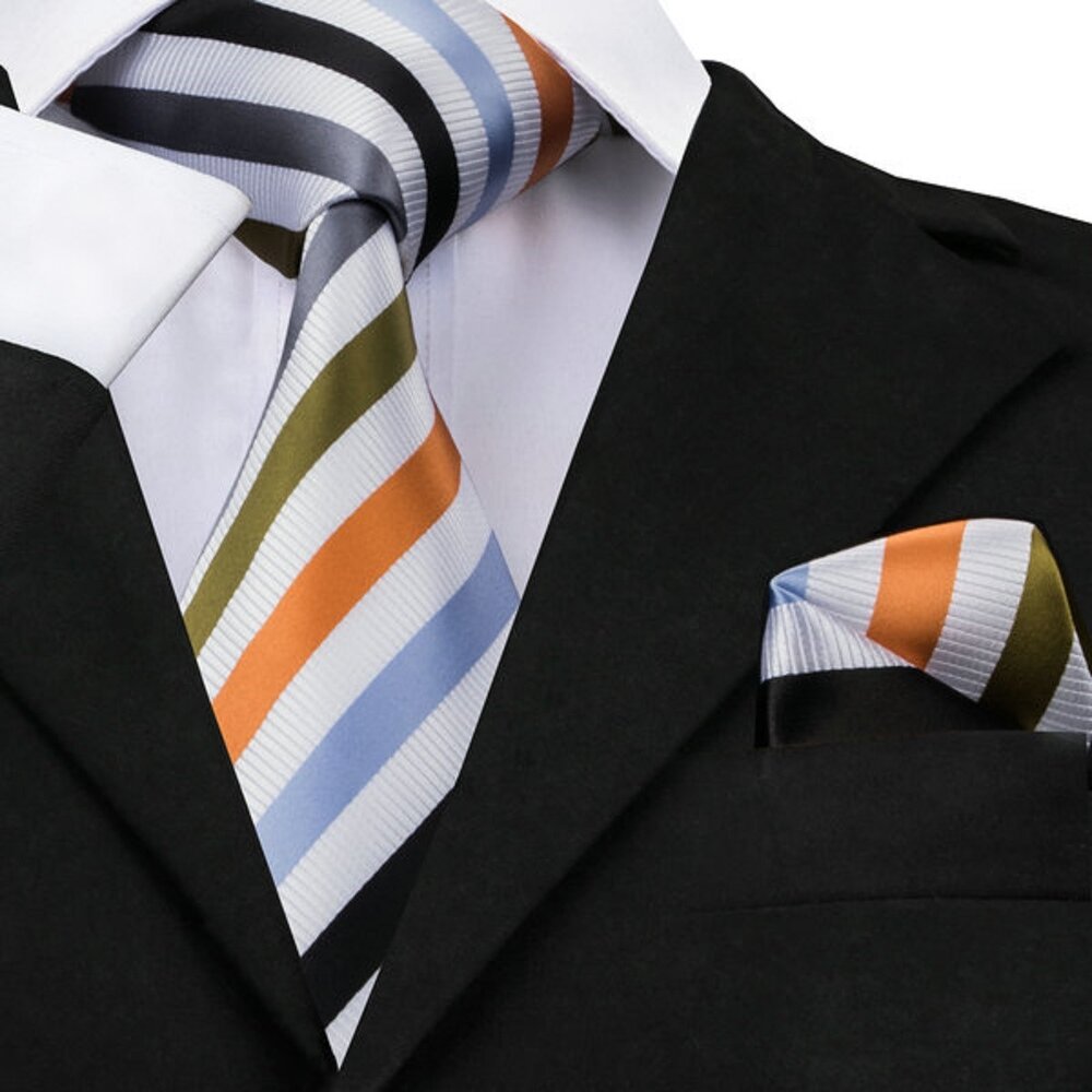 A White with Olive, Orange and Grey Stripe Tie