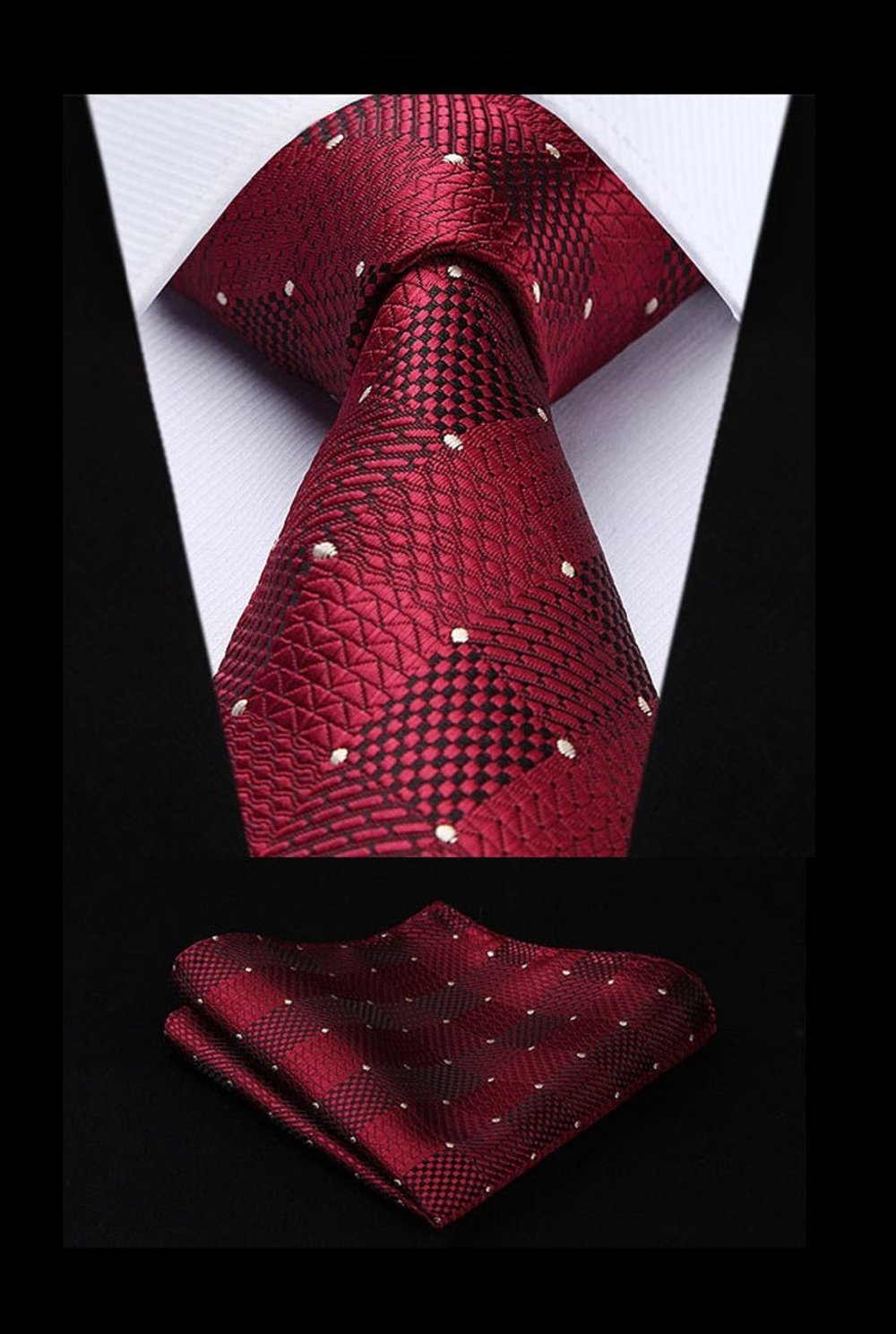 A Burgundy Geometric Pattern With Small White Dots Silk Necktie With Matching Pocket Square and Cuff-links