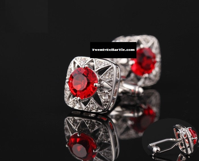 A Silver, Red Stone Square Shape Cuff-links Set