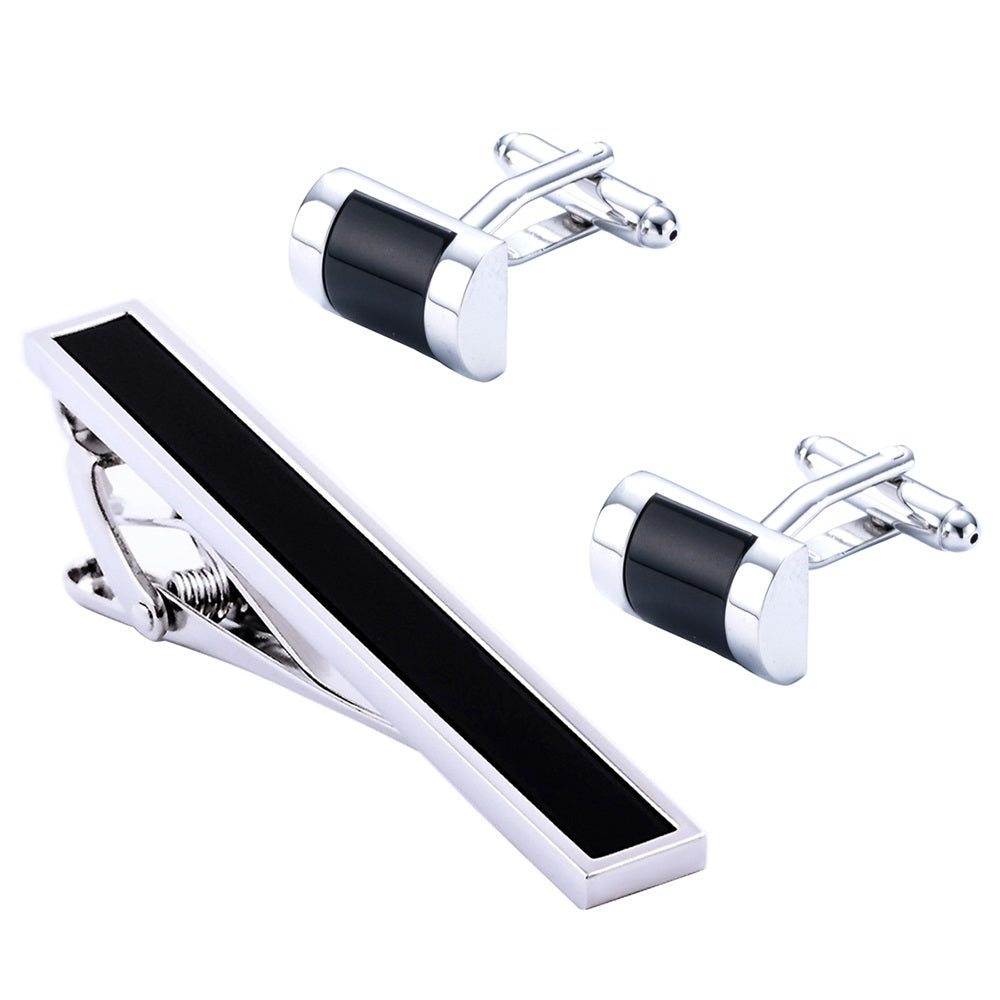 A Chrome, Black Silver Rectangle Shape Tie Bar and Cuff-links Set||Silver, Black