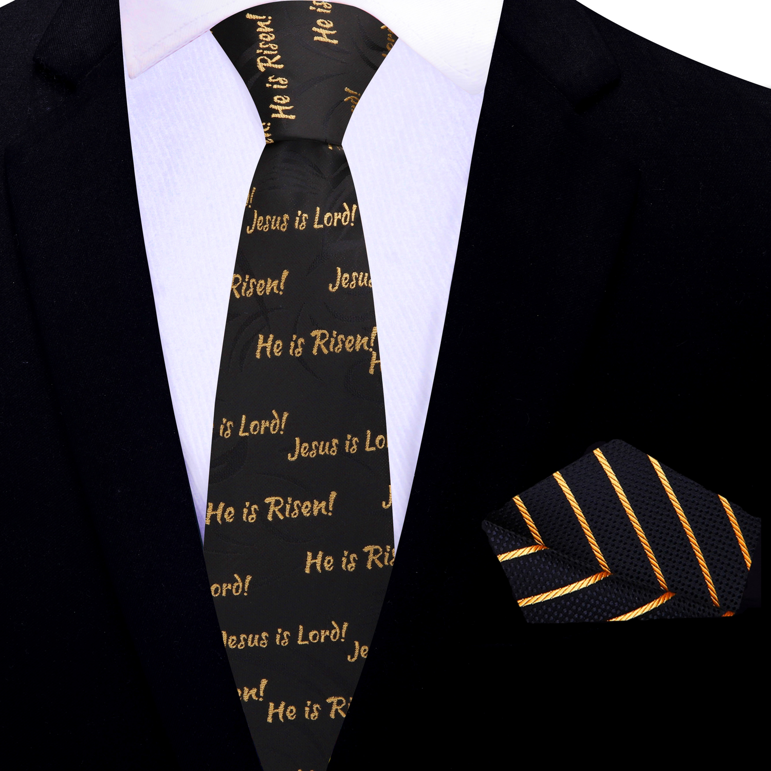 Thin Tie: Black ad Gold Jesus Necktie and Black and Gold Stripe Square