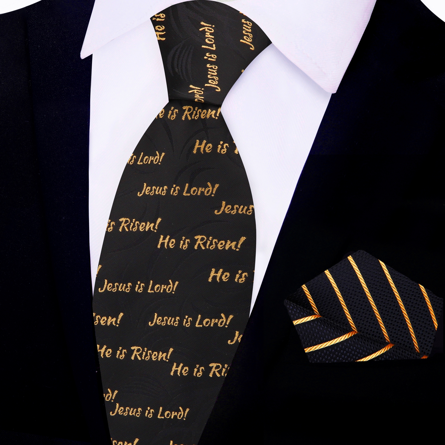View 2: Black ad Gold Jesus Necktie and Black and Gold Stripe Square
