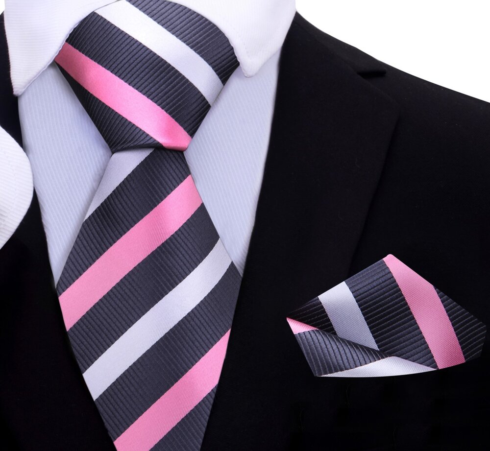 Pink, White and Grey Stripe Tie and Pocket Square||Pink, Grey, White