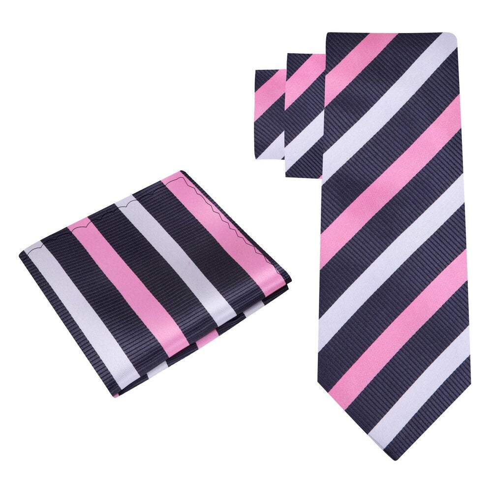 Alt View: Pink, White and Grey Stripe Tie and Pocket Square