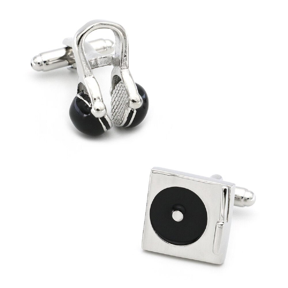 A Silver, Black Color Headphones and Turntable Cuff-links Set.