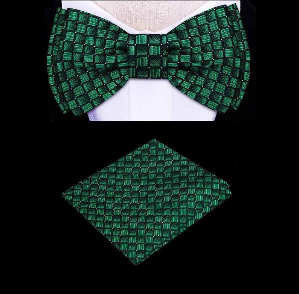 A Green, Black Color With Geometric Honeycomb Pattern Silk Kids Pre-Tied Bow Tie, Matching Pocket Square