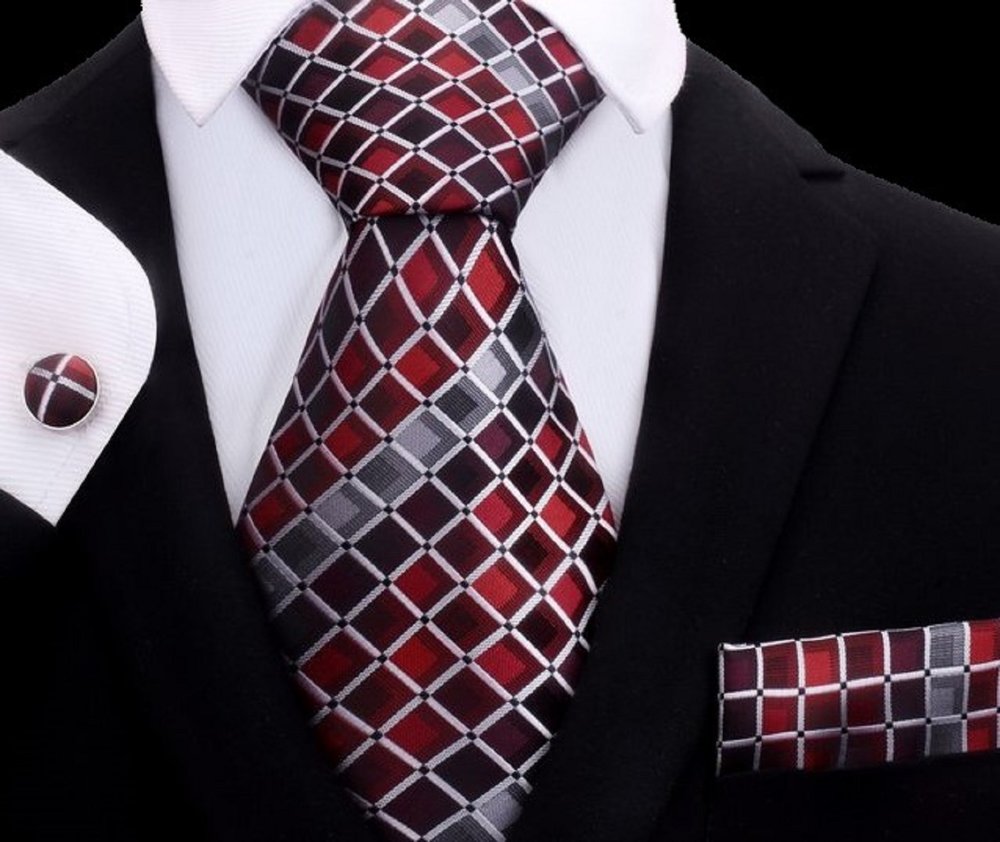 A Grey, Black, Red Geometric Diamond Pattern Silk Necktie, Matching Pocket Square And Cuff-links.||Red, Grey, Black