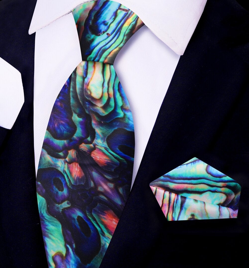 Black, pink, blue, purple, green, yellow agate pattern tie and square