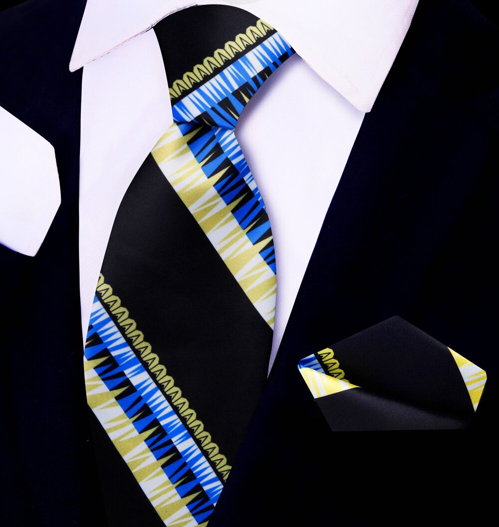 black, blue, yellow abstract tie and square