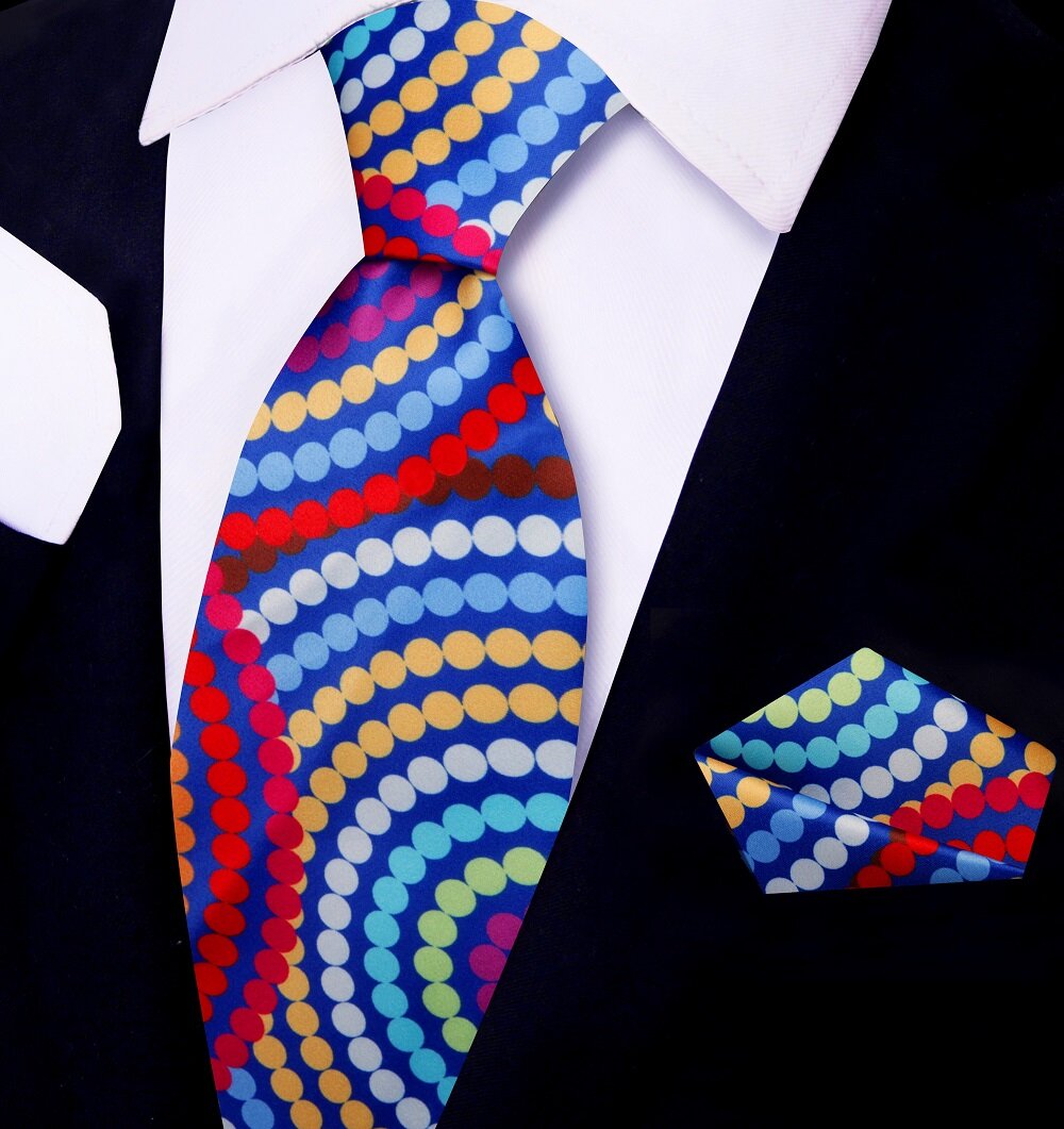 2 Pink, Blue, Red, Green, Yellow Polka Tie and Pocket Square