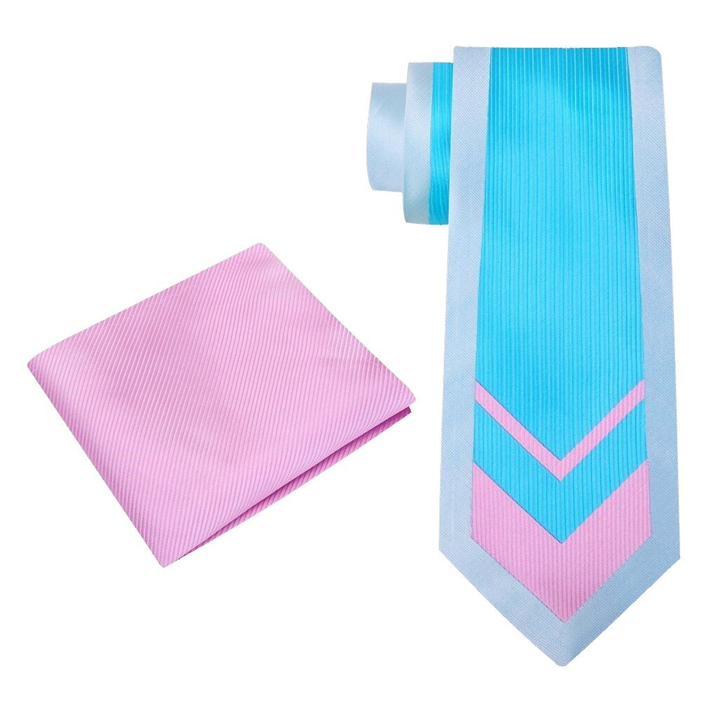 Alt View: A Light Blue, Light Pink Geometric Abstract Pattern Silk Necktie With Solid Pink Pocket Square