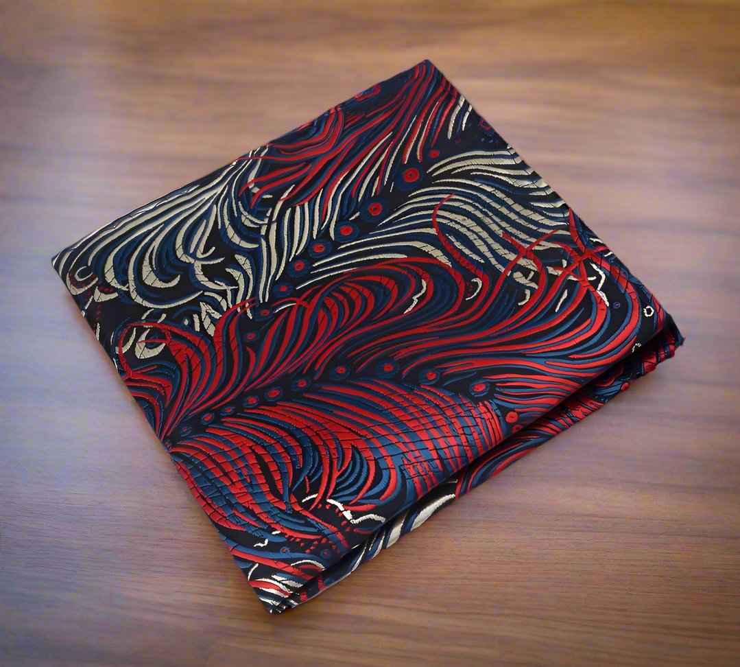 A Red, Blue, Cream Abstract Feather Pattern Silk Pocket Square