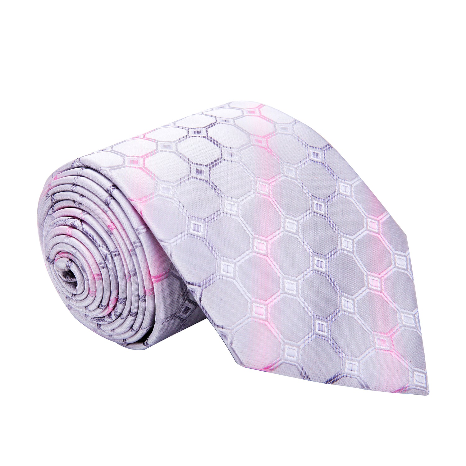 An Icy Silver, White, Pink Geometric Squares With Small Diamonds Pattern Silk Necktie 