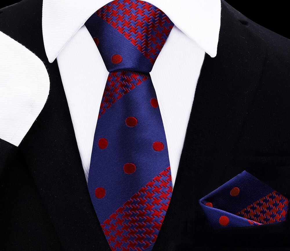 A Red, Blue Polka and Hounds-tooth Tie and Pocket Square