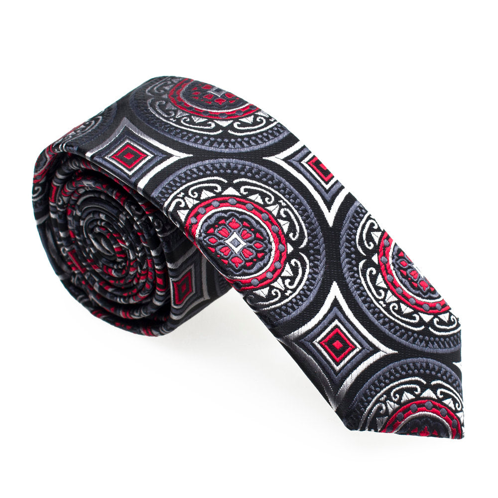 View 3: A Black, Red, Grey Abstract Circular Pattern Silk Necktie.
