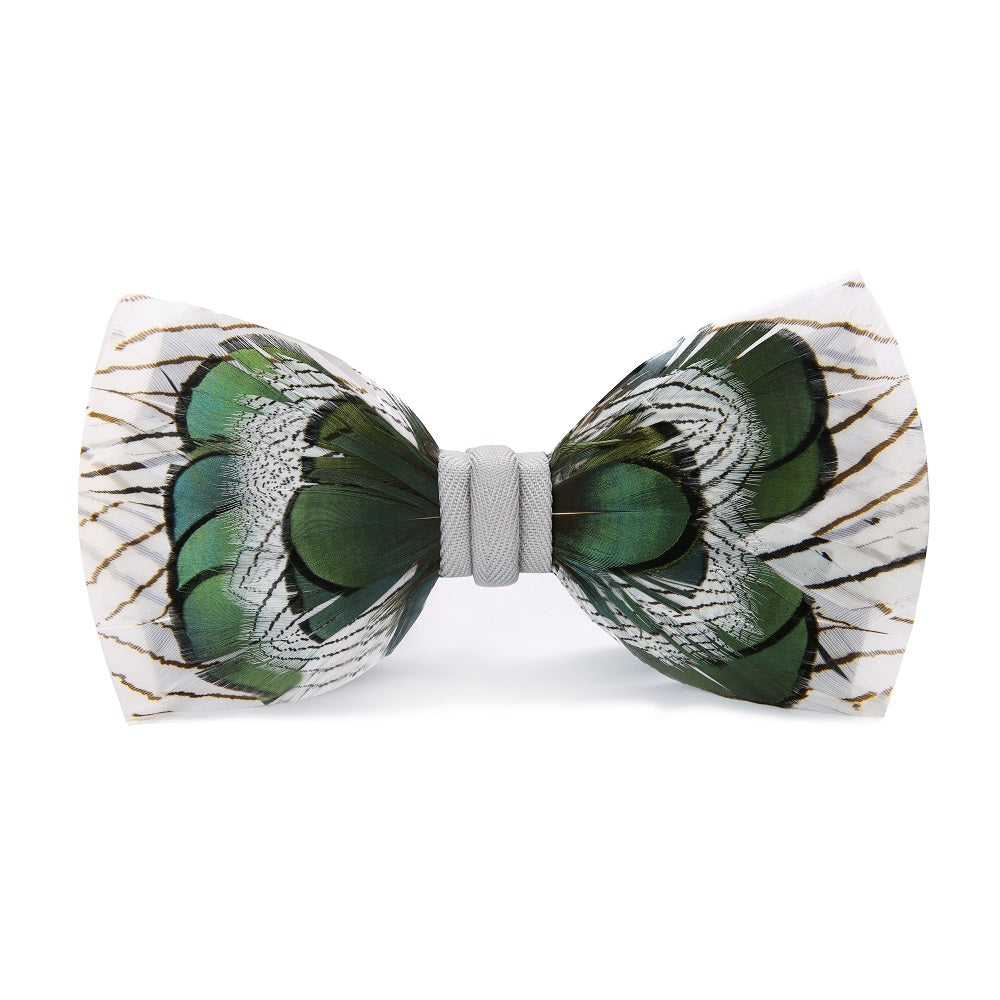 Green, White Feather Pre Tied Bow Tie 