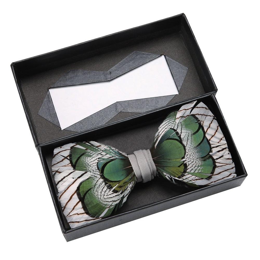 Green, White Feather Pre Tied Bow Tie In A Box