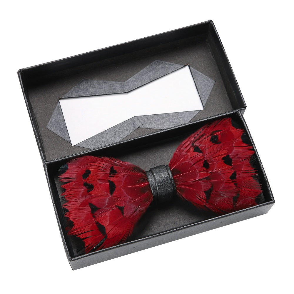 Red, Black Feather Pre Tied Bow Tie In Box