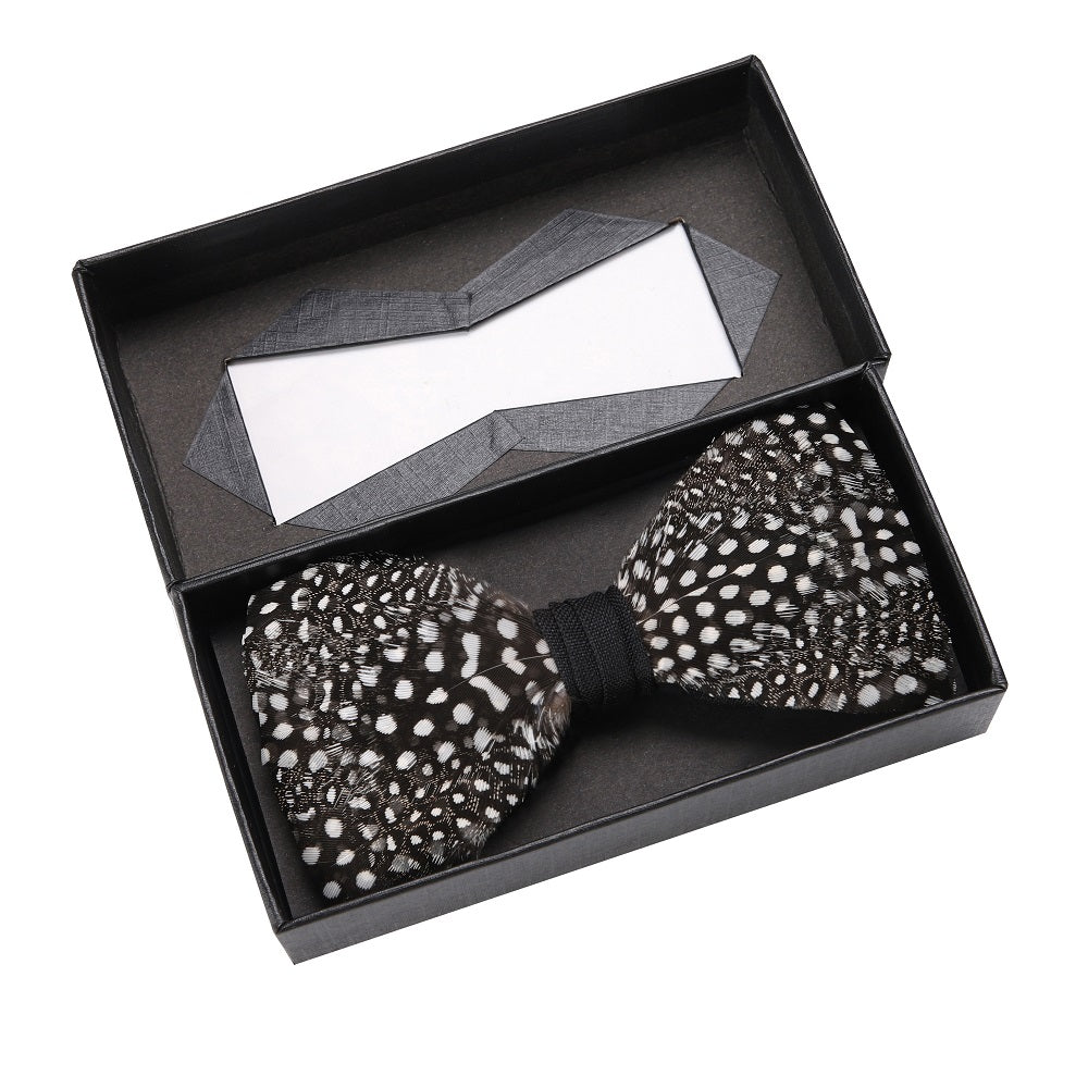Black, White with Brown Dots Feather Pre Tied Bow Tie In Box