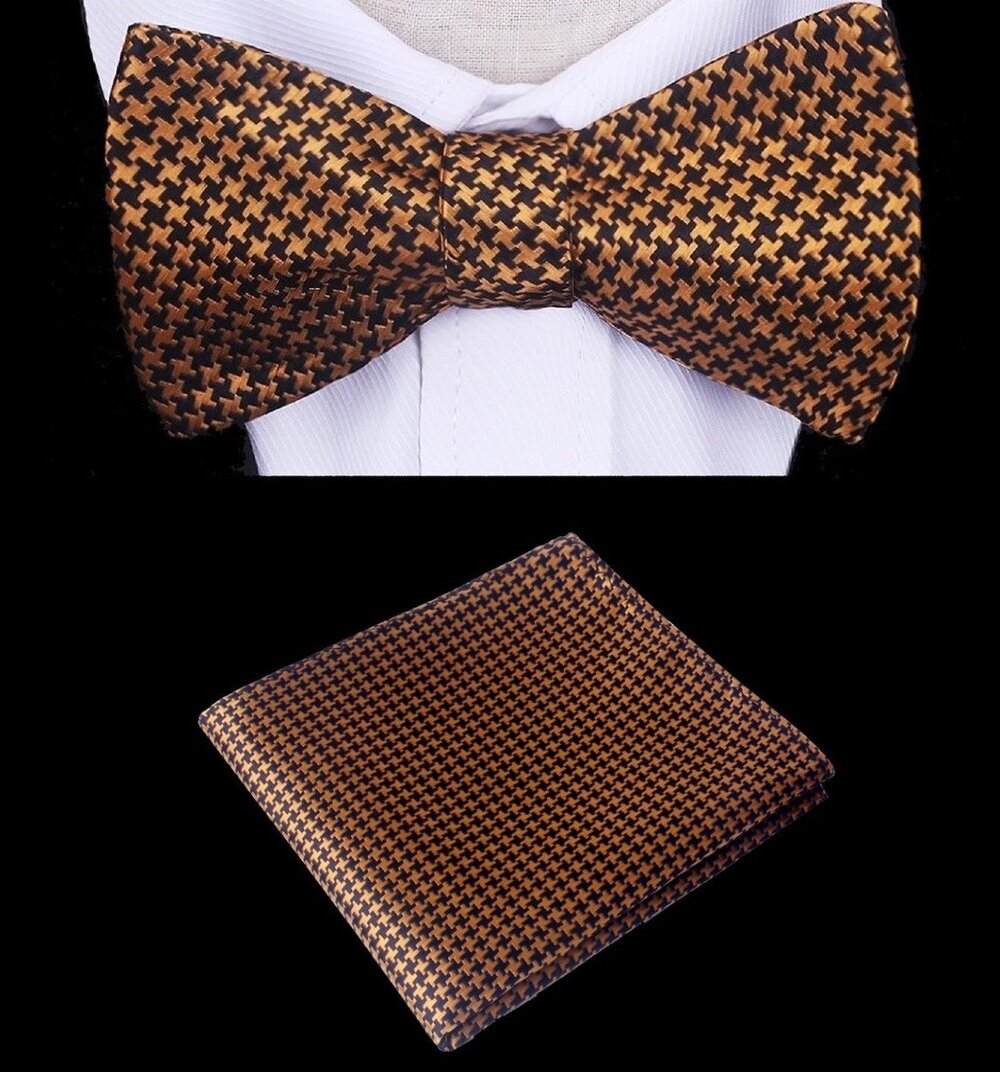 A Gold, Black Color With Hounds-tooth Pattern Silk Pre-Tied Bow Tie, Matching Pocket Square