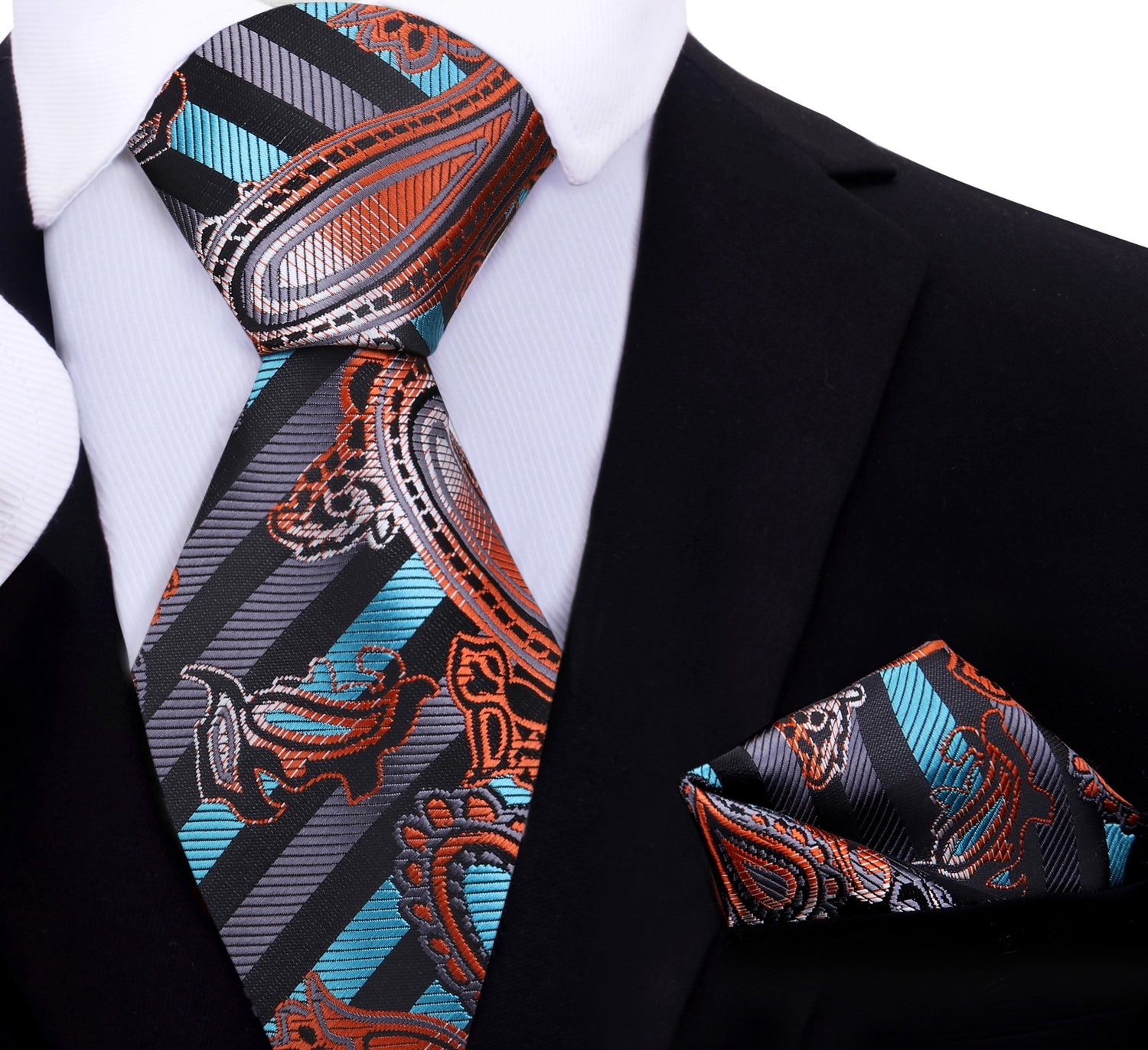 Aqua, Orange, Black Stripe with Paisley Pattern Silk Necktie, Matching Pocket Square
