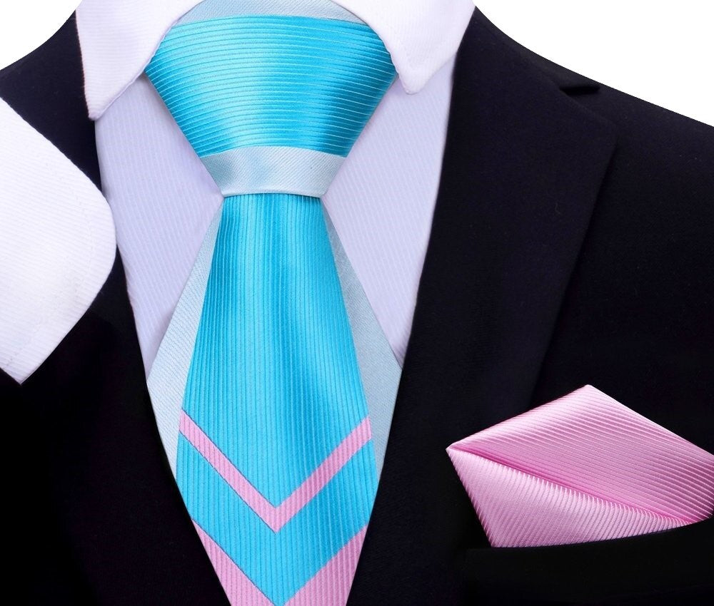 Main View: A Light Blue, Light Pink Geometric Abstract Pattern Silk Necktie With Solid Pink Pocket Square