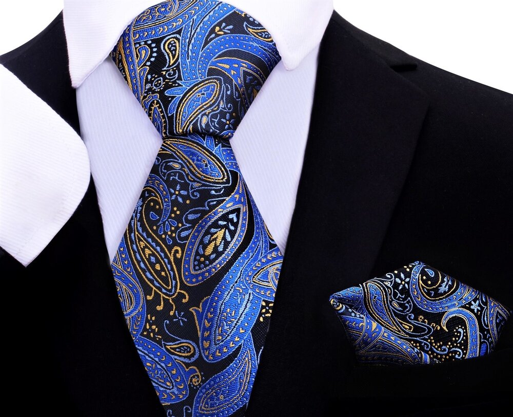 A Black With Blue, Yellow Paisley Pattern Silk Necktie With Matching Pocket Square