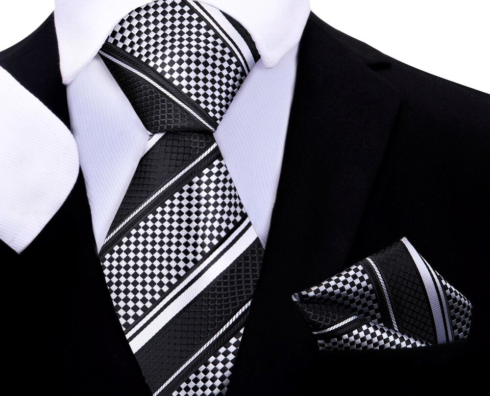 A Black, Light Silver Check Pattern Silk Necktie, Matching Pocket Square 