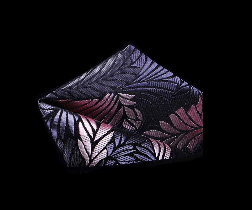 View 2: A Grey, Pink Abstract Feather Pattern Silk Pocket Square