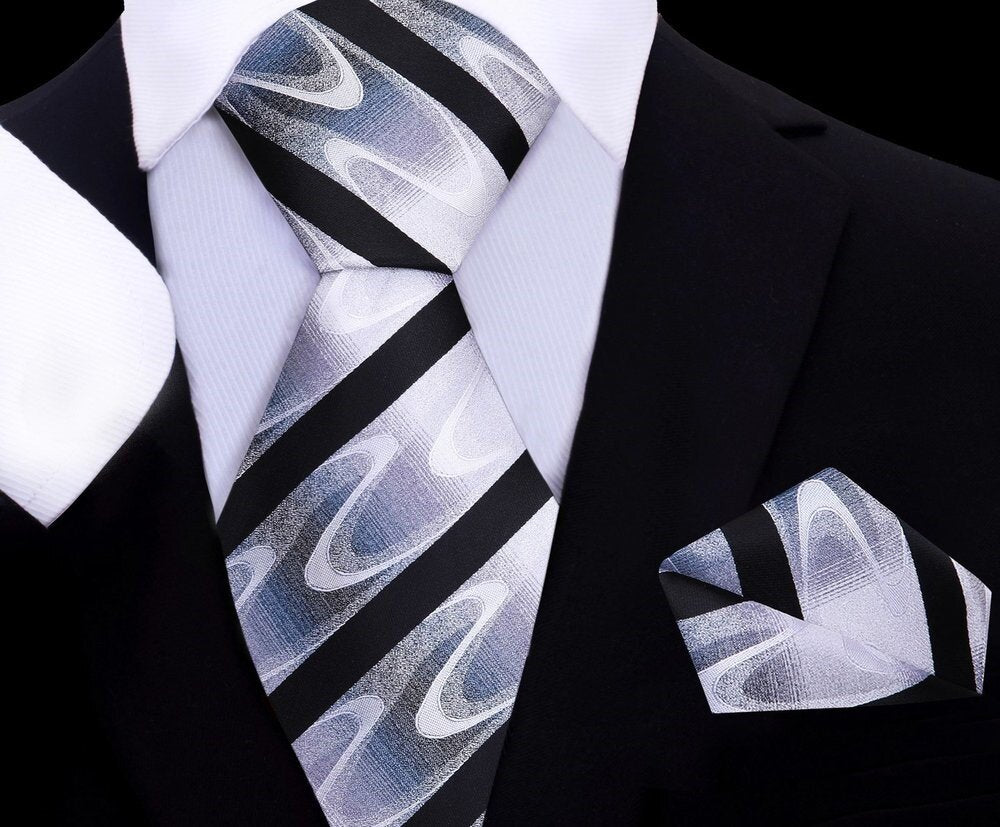 Black, Light Grey, White Abstract Swirls Tie