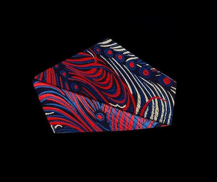 View 2: A Red, Blue, Cream Abstract Feather Pattern Silk Pocket Square