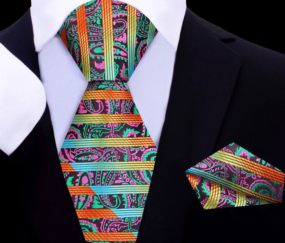 Orange, Green, Yellow, Light Blue Stripe and Paisley Tie and Pocket Square