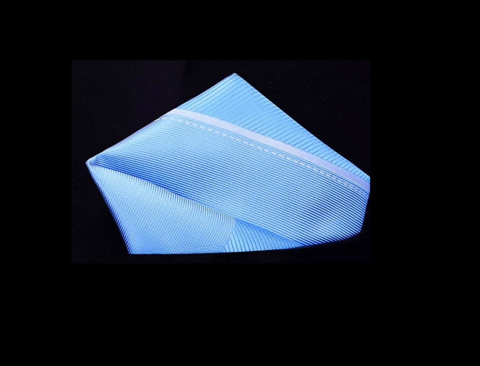 View 2: A Light Blue, White Stripe Pattern Silk Pocket Square