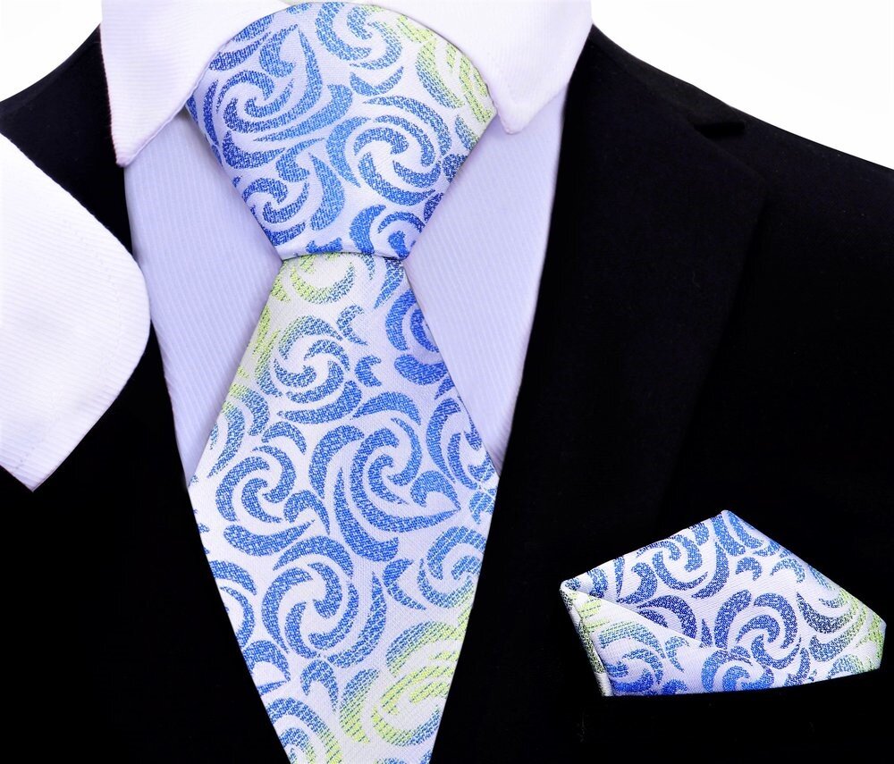 A Green, Blue Abstract Shapes Pattern Silk Necktie, Matching Pocket Square
