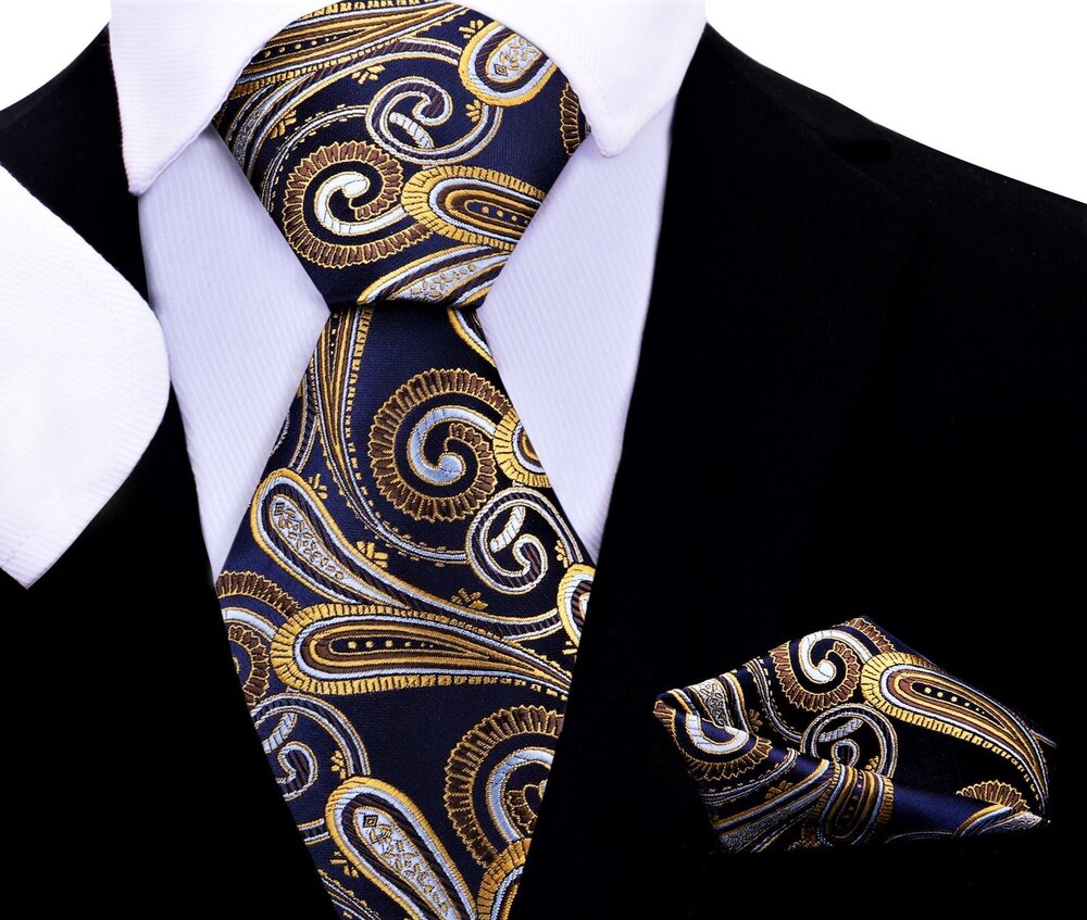 Blue, Gold Paisley Tie and Pocket Square 