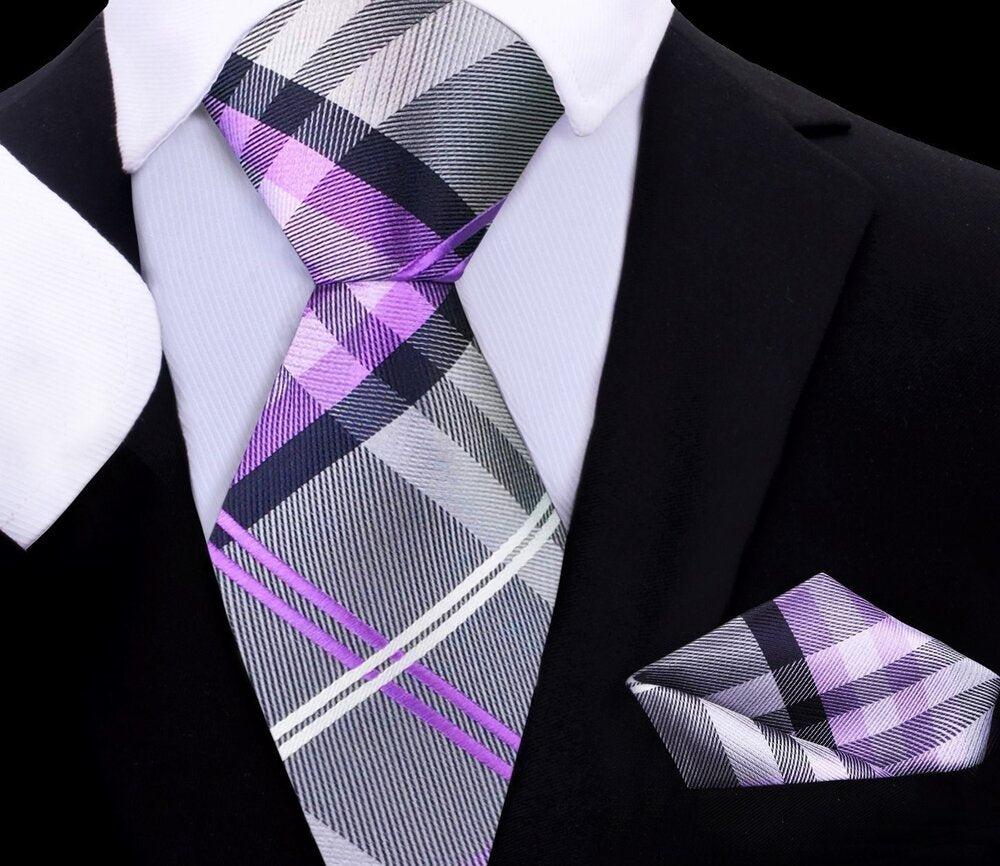 Grey, Purple, Black, White Plaid Tie and Pocket Square||Purple, Silver
