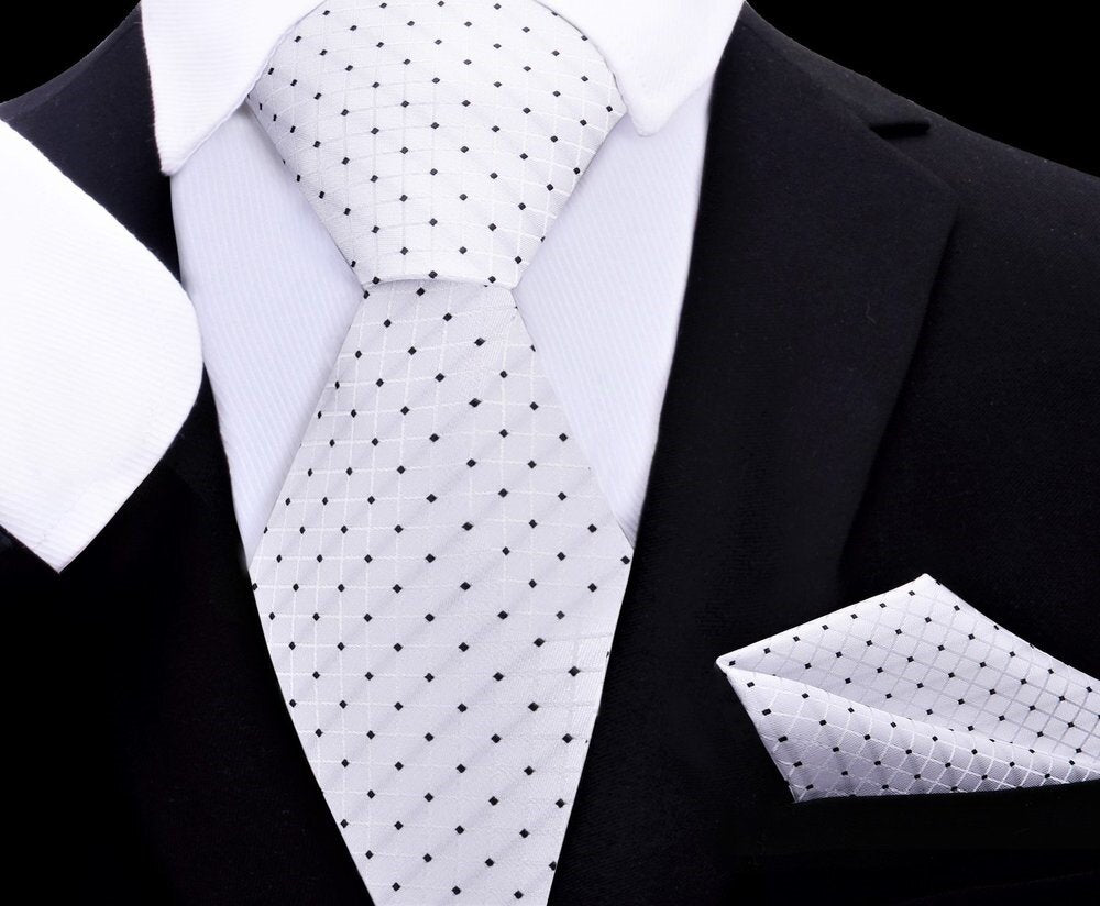 A White With Black Geometric Dots Pattern Silk Necktie With Matching Pocket Square