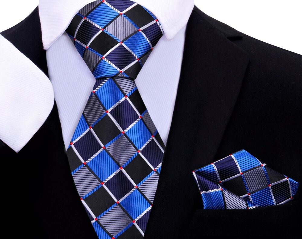 A Grey, Black, Blue Geometric Check Pattern Necktie With Matching Pocket Square