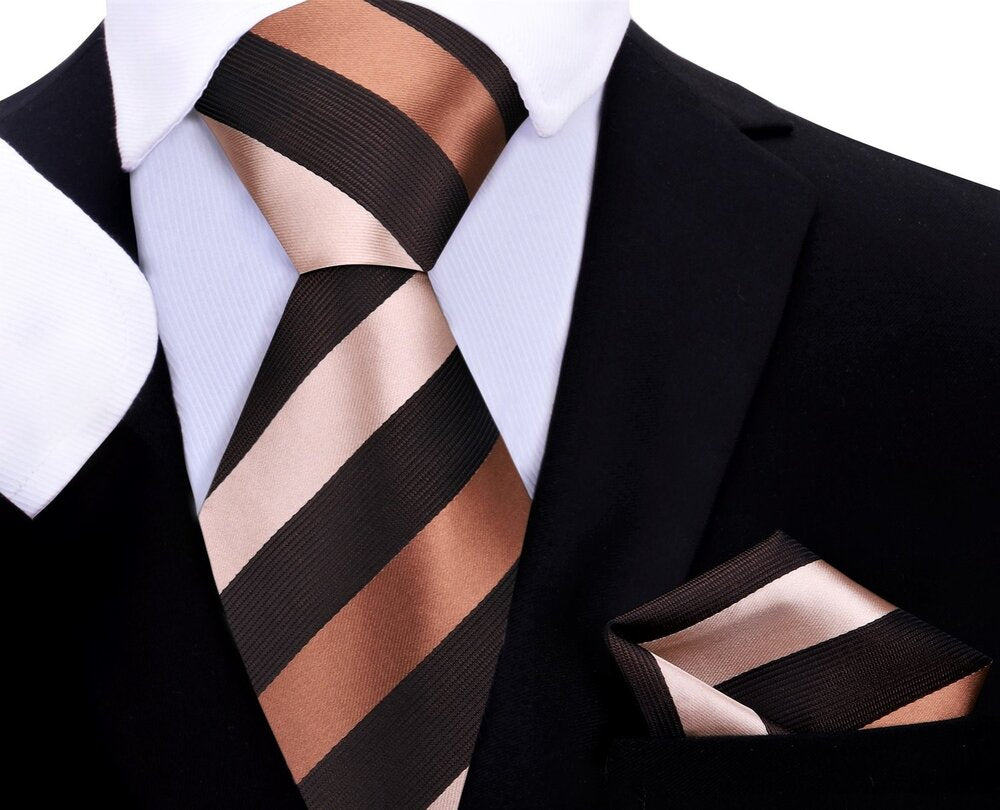 A Chocolate, Brown Stripe Pattern Silk Necktie, Pocket Square