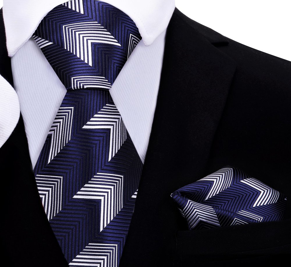 Blue, Light Grey Geometric Tie and Pocket Square