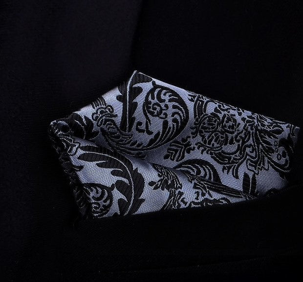 View 2: A Silver, Black Intricate Floral Pattern Silk Pocket Square