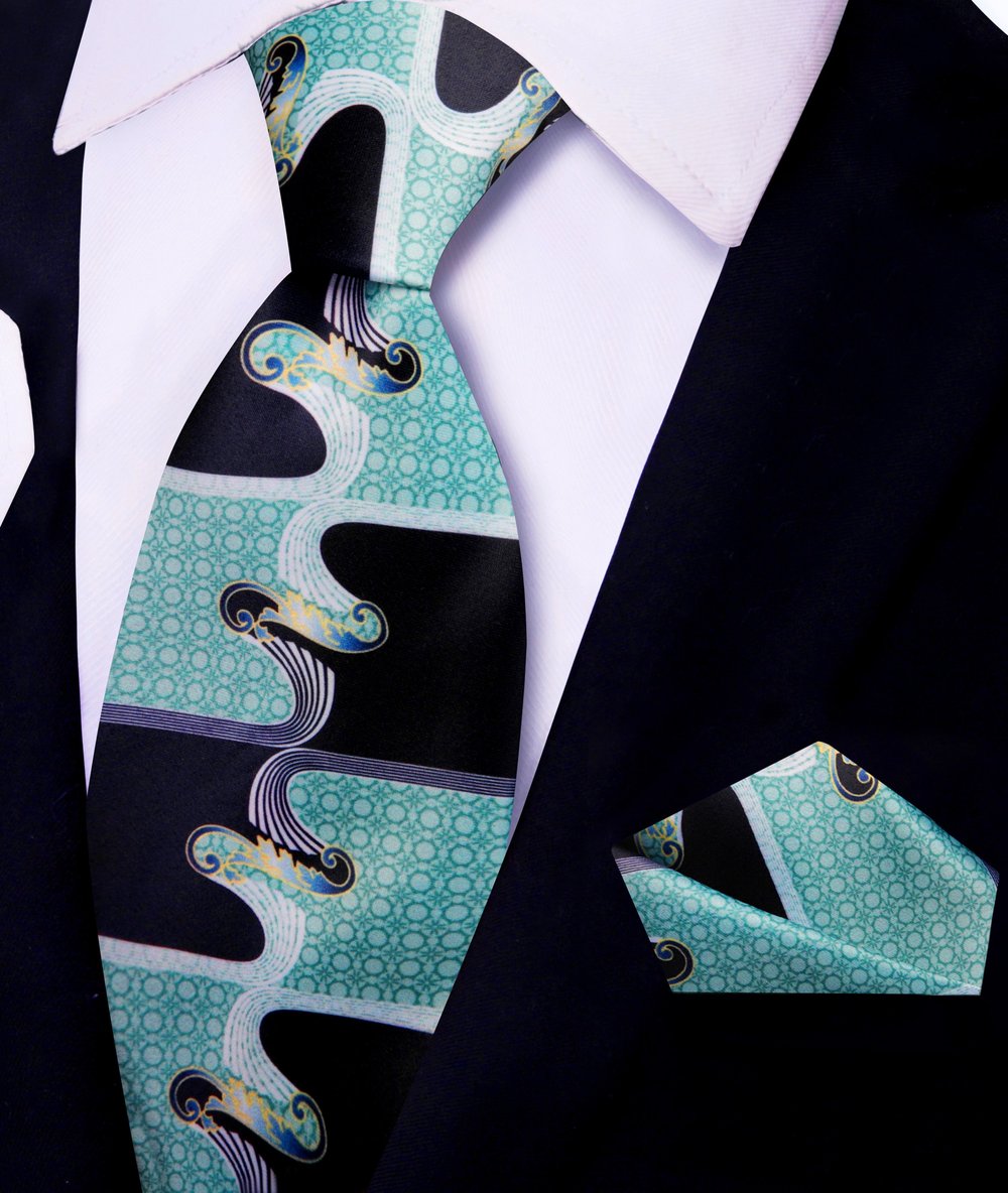 Ice Black Abstract Waves Tie and Pocket Square||Ice