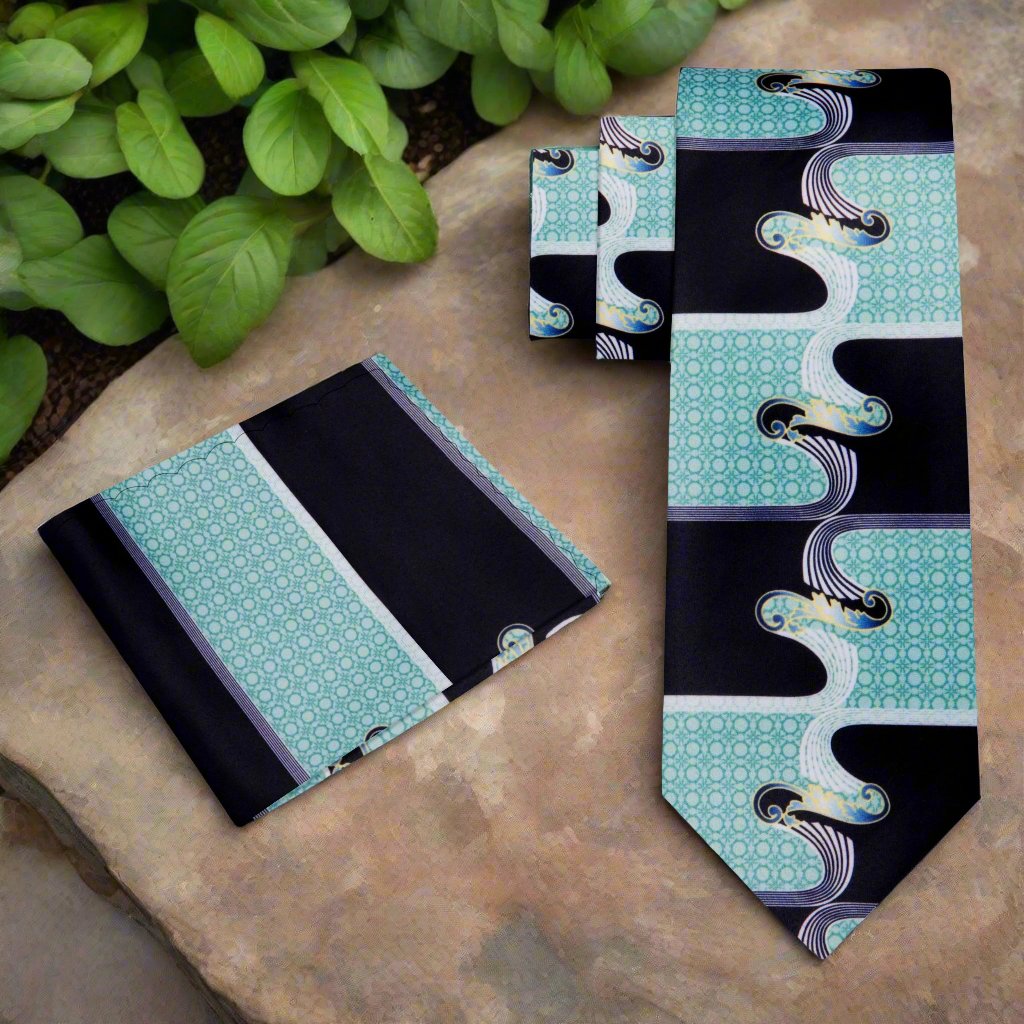 Alt View: Ice Black Abstract Waves Tie and Pocket Square