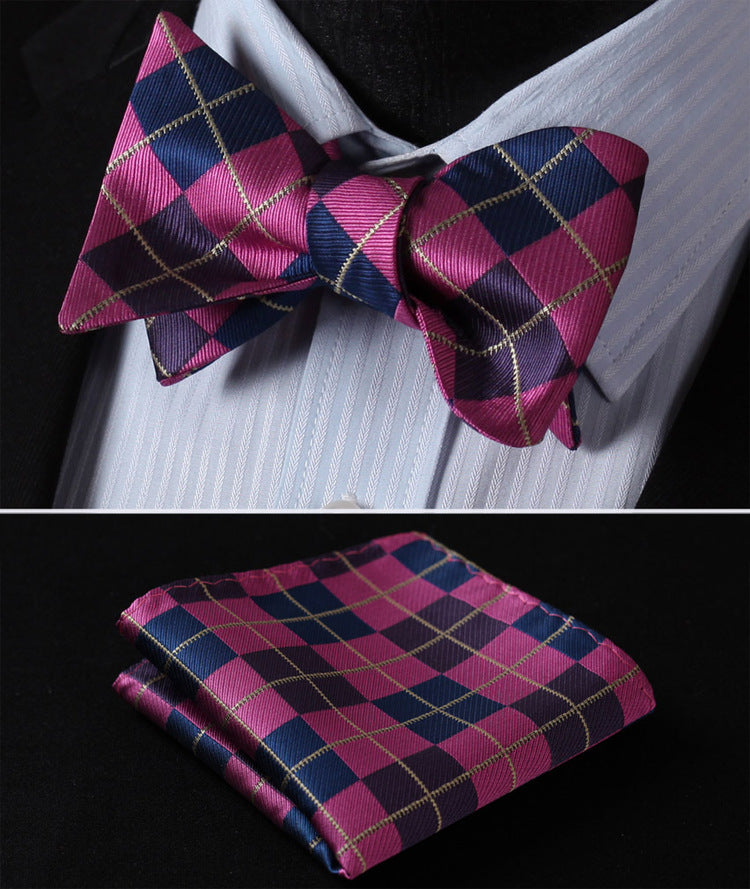 A Pink, Blue Geometric Argyle Pattern Silk Self Tie Bow Tie, Matching Pocket Square and Cuff-links.||Purple, Blue