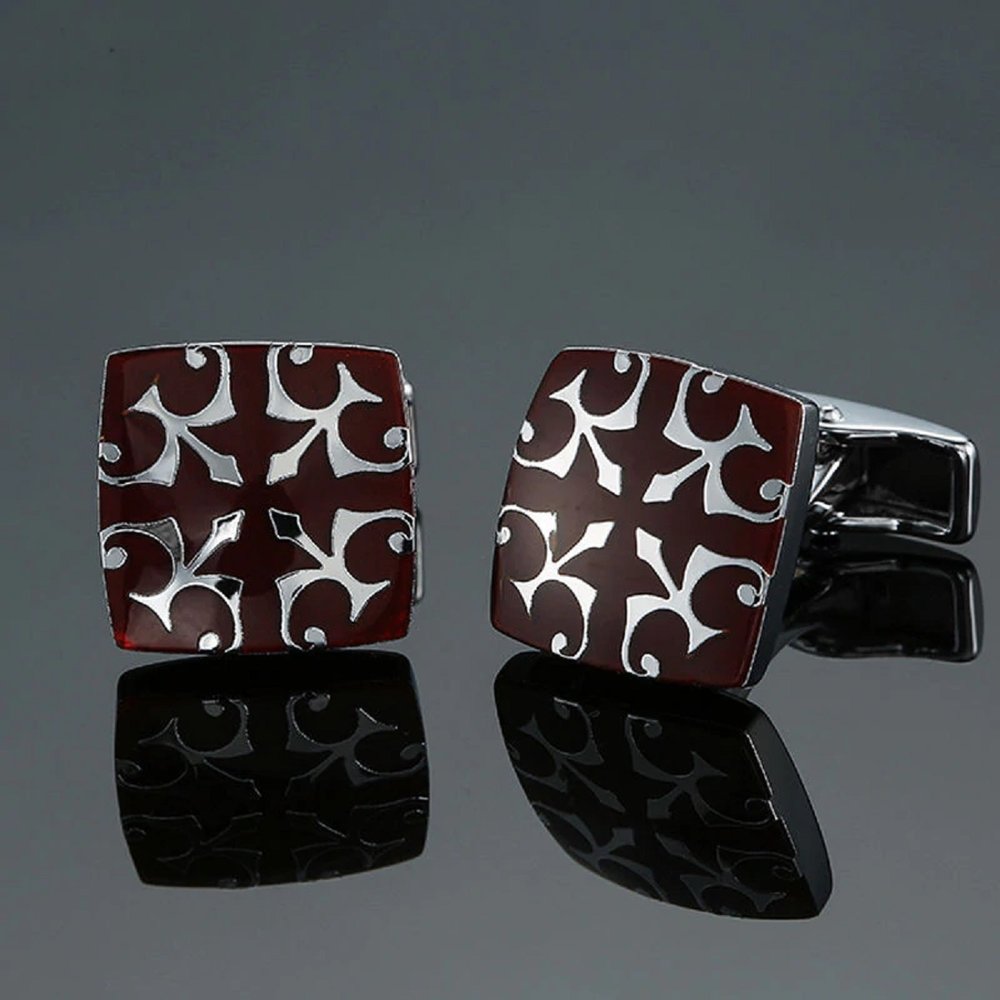 A Square with Mahogany and Chrome Intricate Snowflake shape Cuff-links