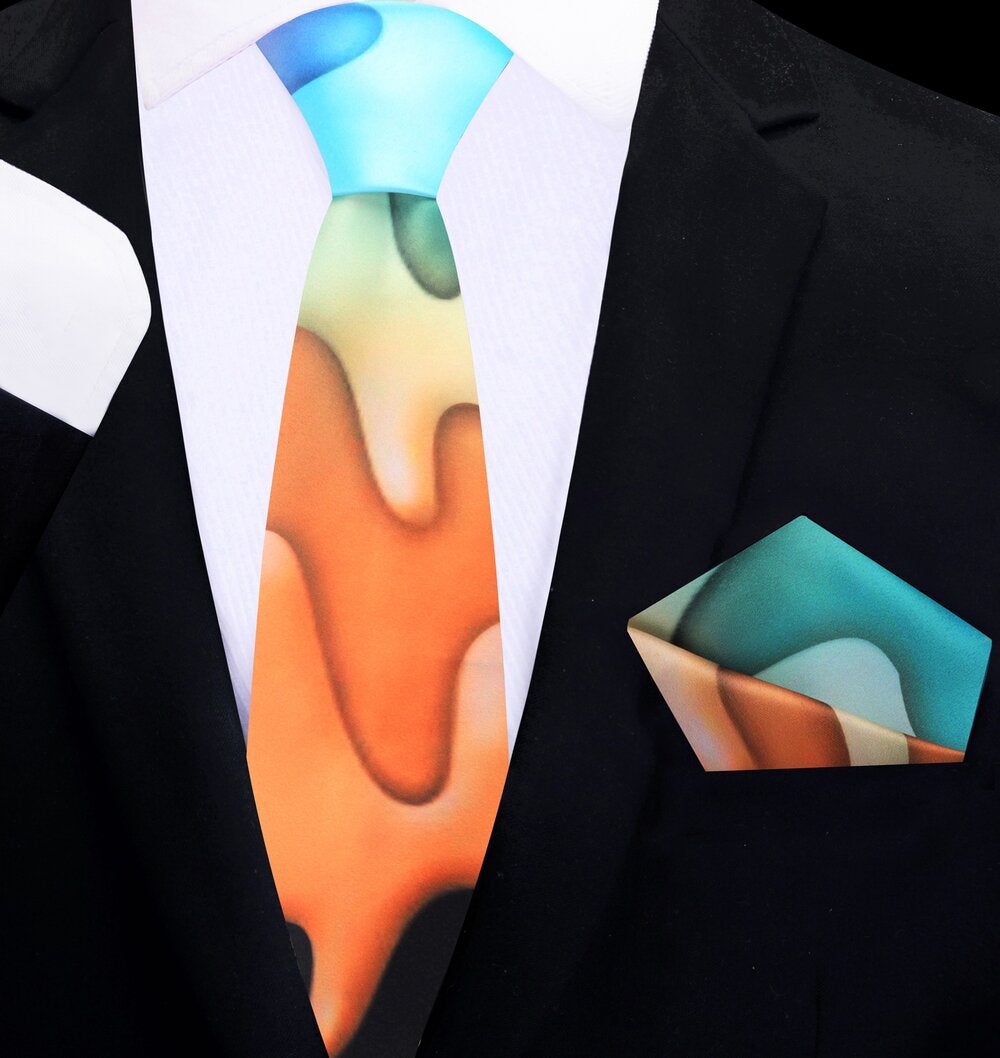 Thin Tie Orange, Blue, Yellow, Green Melting Colors Tie and Square